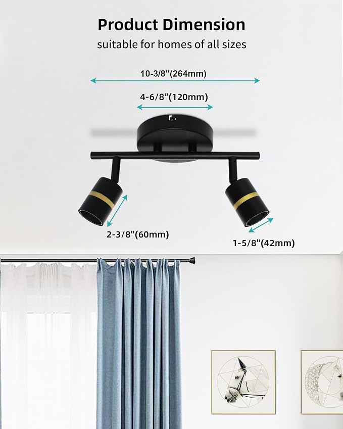 HiBay 2-Light Track Lighting, Rotatable Ceiling Spotlight, Black Gold, E26 | 2 heads for a small accent area, adjustable black-gold design aims light where needed, E26 base for your own bulbs
