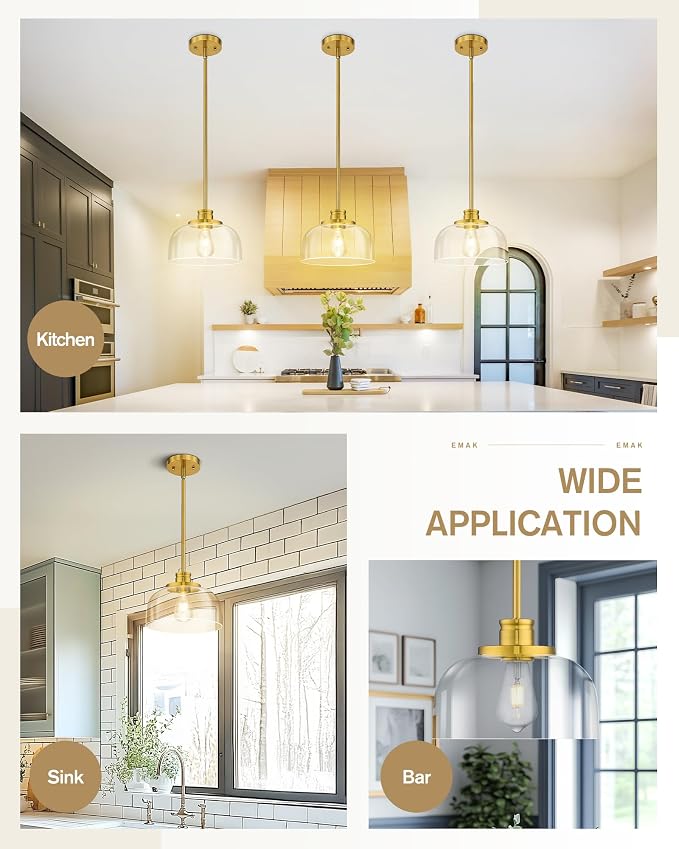 Emak 10 Inch Pendant Lights Kitchen Island, Brushed Gold Pendant Light Fixtures with Clear Glass Shade, Modern Island Lights for Kitchen, Dining Room, Bathroom, PL131-BGD-CG