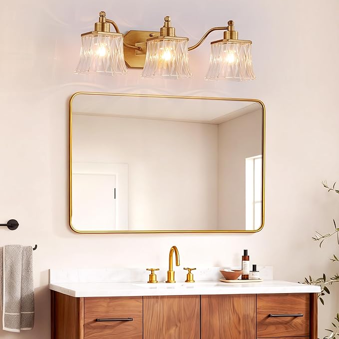 Vintage Bathroom Light Fixtures, 3-Light Gold Vanity Light with Ribbed Crystal Glass Shade, 21.4" Brushed Gold Vanity Lights for Bathroom Bedroom Living Room Hallway, E26 Base