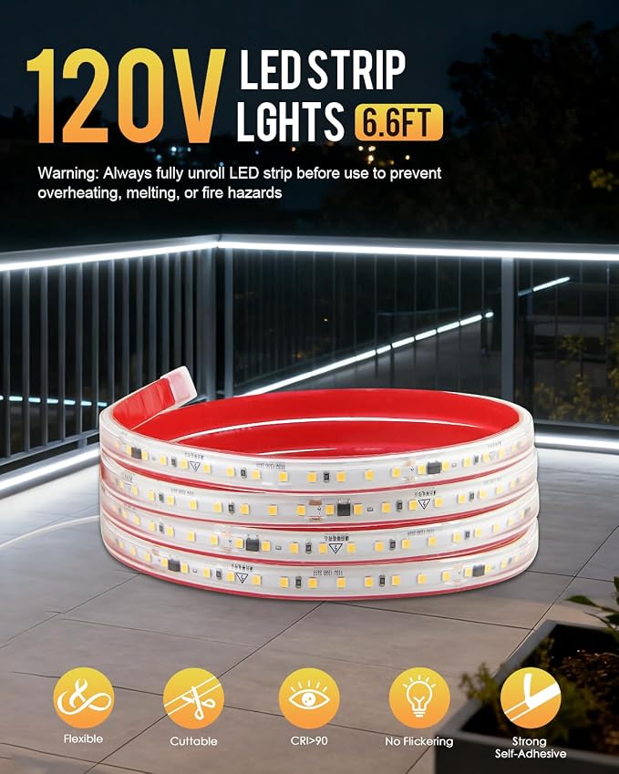 Aclorol 120V LED Strip Lights 6FT Flexible Outdoor Lighting Waterproof IP65 Cold White 6000K 120LEDs/M Bright LED Strip Lights 110V Plug in for Bedroom Patio Backyards Outside Deck Lighting Projects
