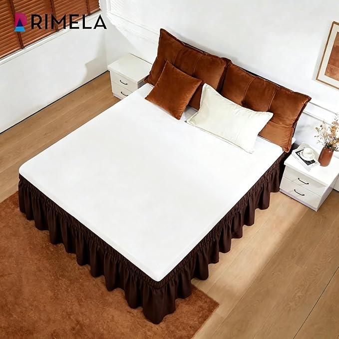 RIMELA Bed Skirt Queen Size 15 Inch Drop, Elastic Bed Skirting for Bed Base and Frame, Bedding Dust Ruffle Easy to Install, Wrap Around Adjustable Bedskirt, Chocolate Brown