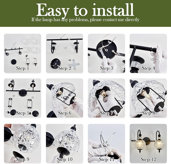 Piepooye Vintage Bathroom Light Fixtures Black Vanity Light with Glass Globe LampShade 2 Lights Mid Century G9 Bulb Wall Sconce Indoor Vanity Light Over Mirror for Kitchen Bedroom Farmhouse