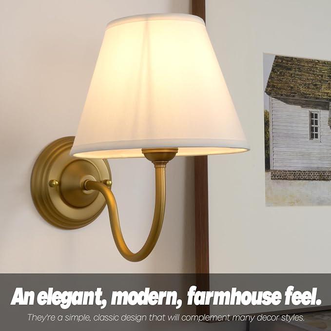 Vintage Curved Arm Fabric Wall Sconce with Linen Cloth Shade, Hardwired Indoor Single Sconce Light Wall Mounted Lamp for Bedroom Living Room Stairs Hallway