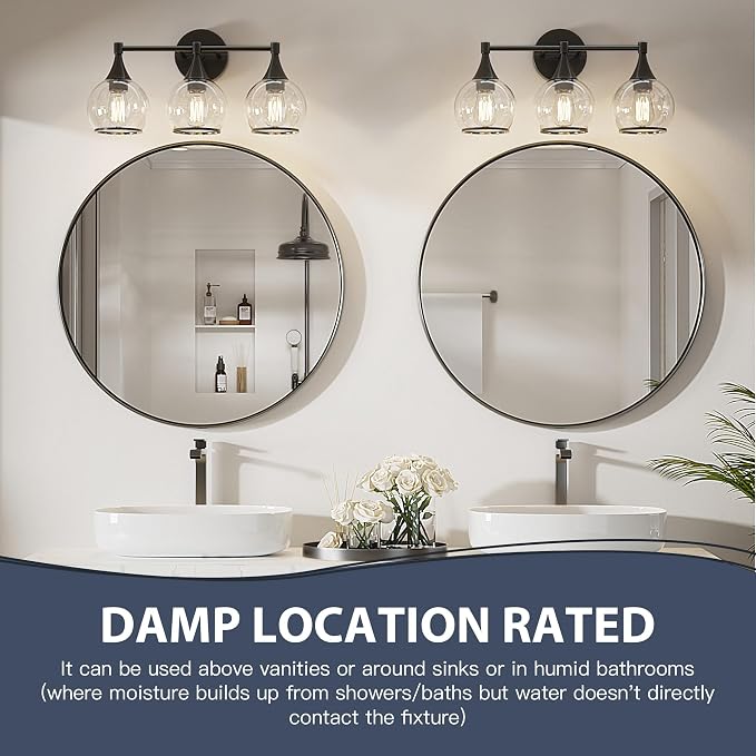 PAIHOME 3-Light Black Bathroom Vanity Light Fixtures Over Mirror | Painted, Anti-rust, UL-Certified, Elegant Globe Glass Shade, Modern Vintage, Easy to Install,Versatile Wall Decor Light