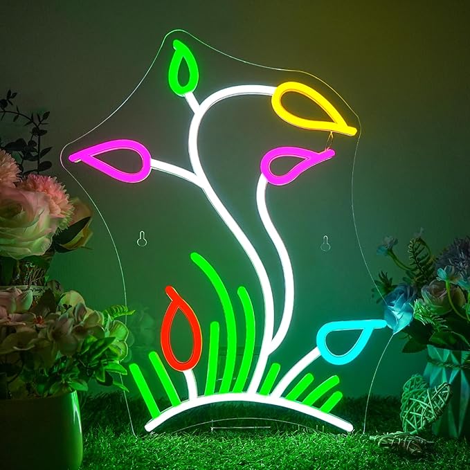 Flower Grasslands Neon Signs Tulips LED Neon Light for Wall Decor Flowers Shaped Light up Sign for Bedroom, Christmas Gift, Shop, Teen Room, lorists,Dormitory