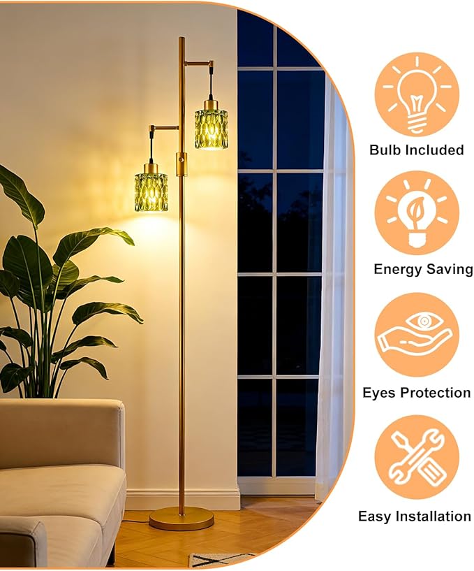 Lightdot 65IN Industrial Gold Floor Lamp for Living Room, 2- Light Green Glass Floor Lamps with 3000K Warm White Bulbs, Modern Farmhouse Tree Standing Tall Lamp for Bedroom Office Home Decor