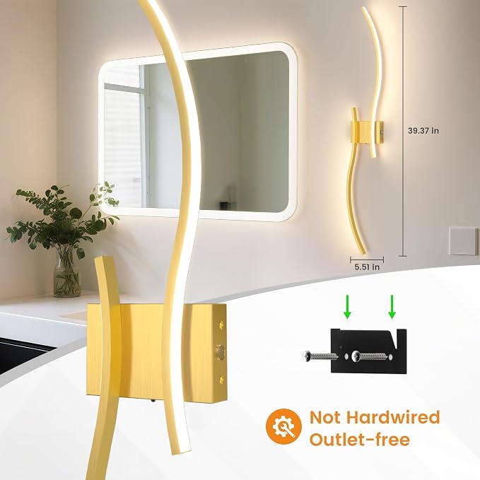 VOLISUN Battery Operated Wall Sconces Set of Two, 39.4 inch Wireless Wall Sconces, 3000K-6500K Dimmable Wall Lamps with Remote, Rechargeable Gold Wall Lights for Living Room, Hallway, Bedroom
