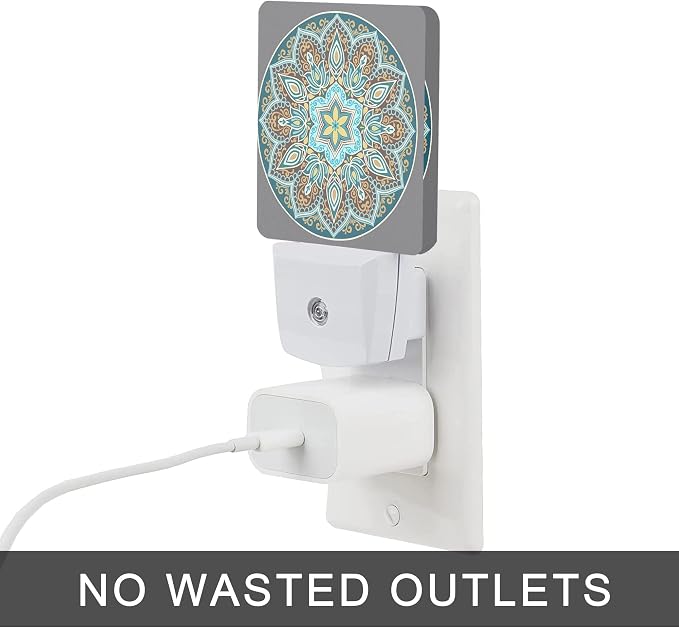 Mandala Floral Night Light,Yellow and Brown Ethnic Style Plug-in Night Lights with Dusk-to-Dawn Sensor for Stairway/Hallway/Bedroom Sleep Friendly lamp for Women/Girls/Boys Gift,0.5W