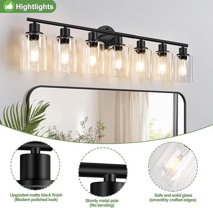 Zarbitta 7-Light Bathroom Light Fixtures, Black Modern Vanity Lights with Clear Glass Shade, Bathroom Wall Lamp, for Mirror, Kitchen, Living Room, Hallway, Cabinet