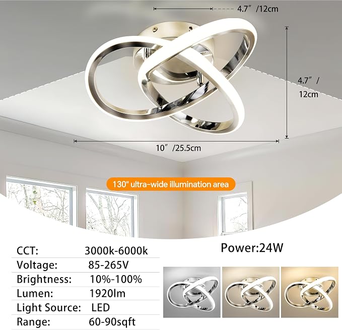 10 Inch Modern Ceiling Light, 24W LED Dimmable Ceiling Light with Remote Control, 3000-6000K Color Temperature Adjustable, Chrome Small Chandelier for Bedroom, Entryway, Hallway, Kitchen