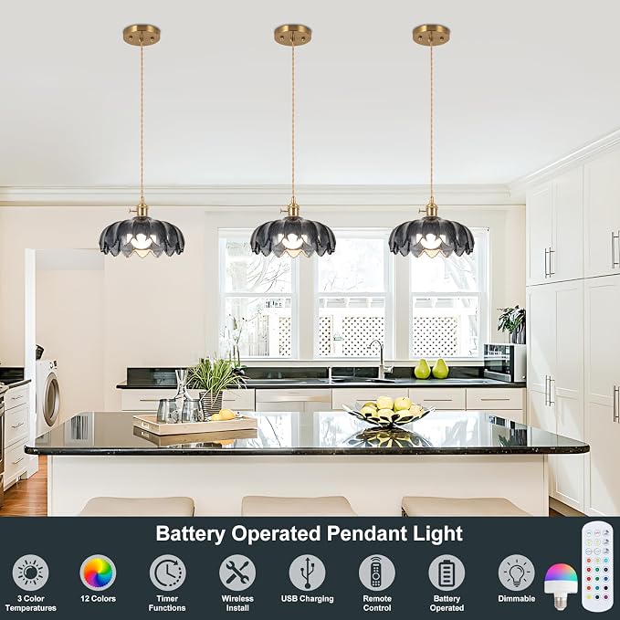 Battery Operated Pendant Light,Gray Blue Vintage Light Fixtures RGB Rechargeable Light Bulb 2500mAh 9.8in with Remote Control Wireless Adjustable Chandelier for Kitchen Island Hallway 1Light