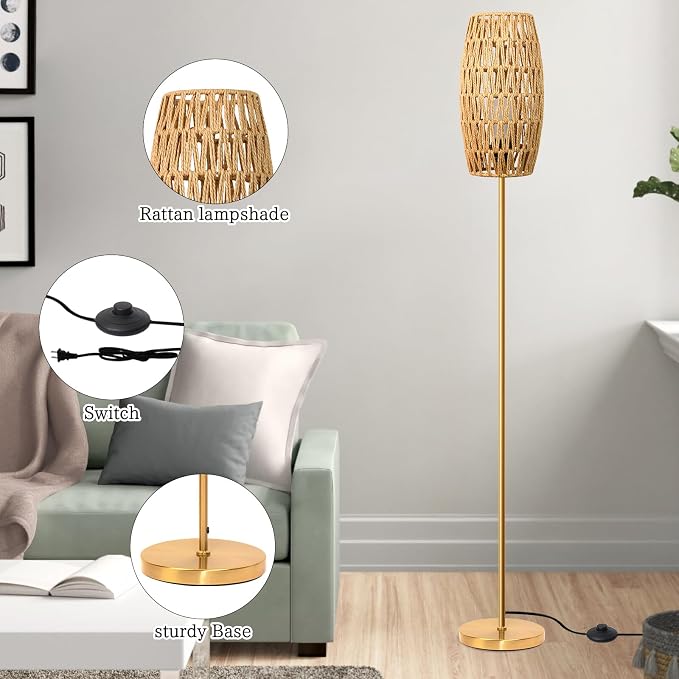 Ruiever Floor Lamp for Living Room,Farmhouse Floor lamp,Modern Standing lamp with Hand-Worked Rattan Shade (Drum Rattan Shade Body Gold Color-3 Color Bulb)