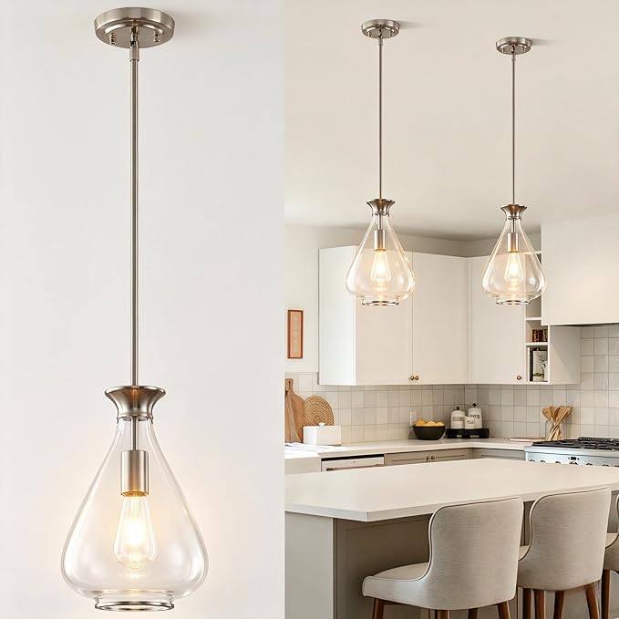 2 Pack Modern Pendant Lights Kitchen Island, Brushed Nickel Pendant Light Fixtures with 8.5" Clear Glass Shade,Industrial Hanging Pendant Lights Fixture for Kitchen Island Dining Room Bedroom Entryway