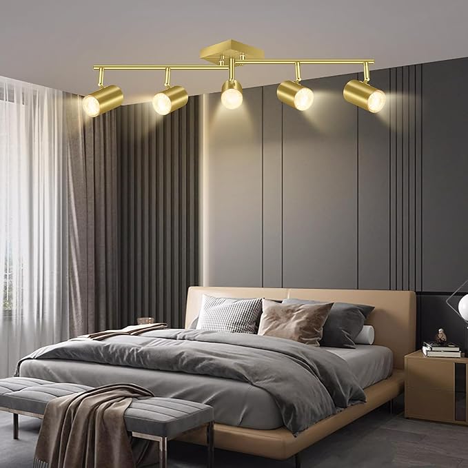 5 Light Track Lighting Fixtures Ceiling, Gold Kichen Track Lighting, Rotatable Light Heads, Adjustable Modern LED Track Lights for Kitchen/Living Room/Hallway/Bar,GU10 Bulb Not Included