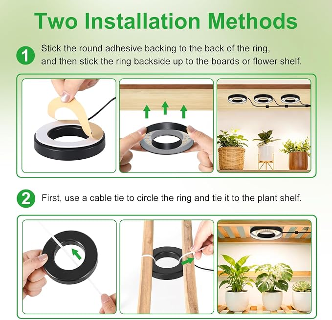 Full Spectrum Grow Light for Indoor Plants, Warm White 3 Head Black Angel Ring Ceiling and Under Cabinet Plant Lamp with 6/12/16H Timer, 10 Dimmable Levels and 3 Modes