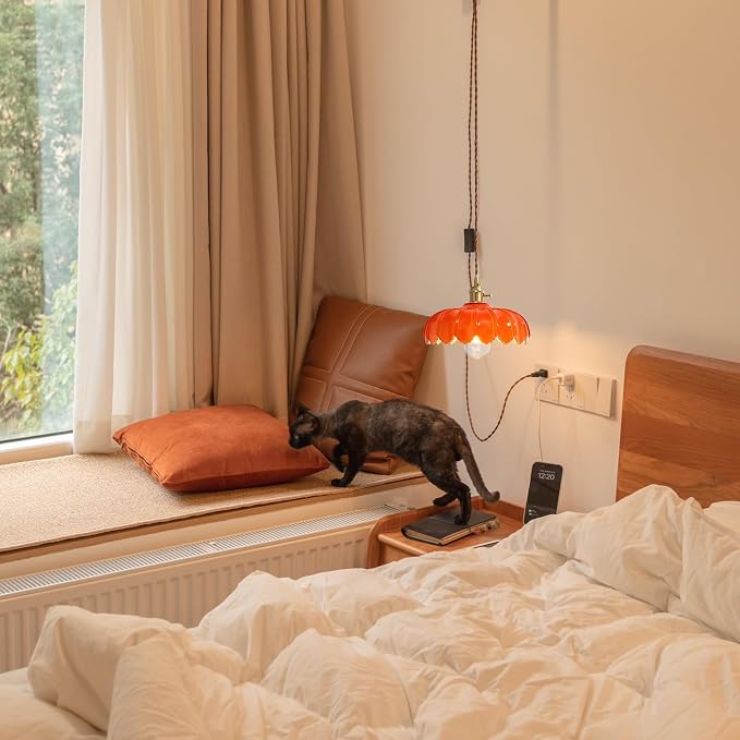 XZHGCEE Plug in Pendant Light: Hanging Light Plug in Orange Glass Hanging Lamp, Pendant Lighting for Kitchen Island, Bedroom, Dining Room, Living Room, E26 No Bulb