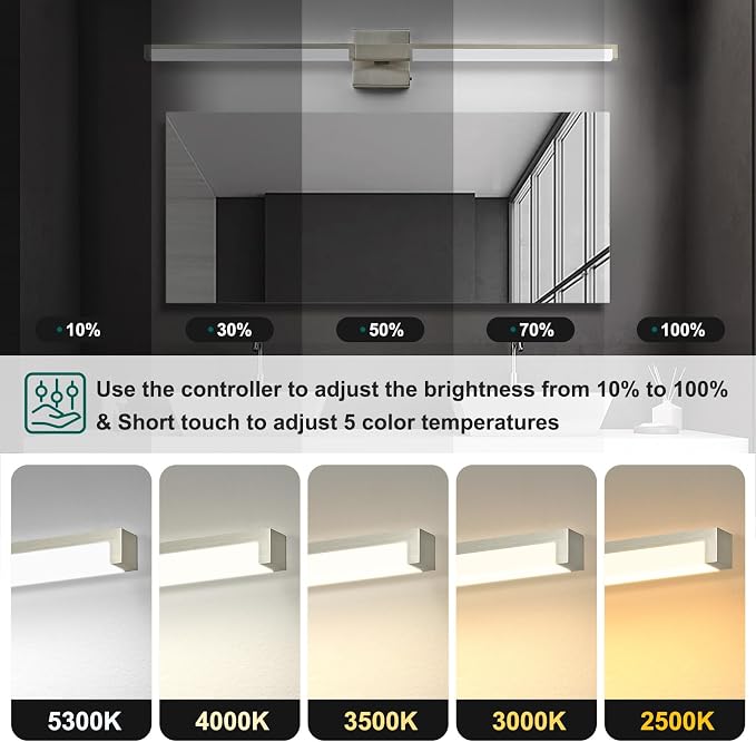 Modern Bathroom Light Fixtures Over Mirror, 40 Inch Brushed Nickel Vanity Light Bar for Bathroom, 24W 5CCT Diammable Wall Light
