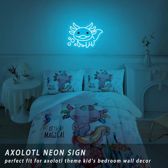Axolotl Neon Sign for Bedroom Decor, Cute Axolotl LED Night Light | Kawaii Room Decor, Gamer Setup, Kids Bedroom, Game Room, Birthday Party, Cozy Ambience, USB Powered, Premium Finish, Ice Blue