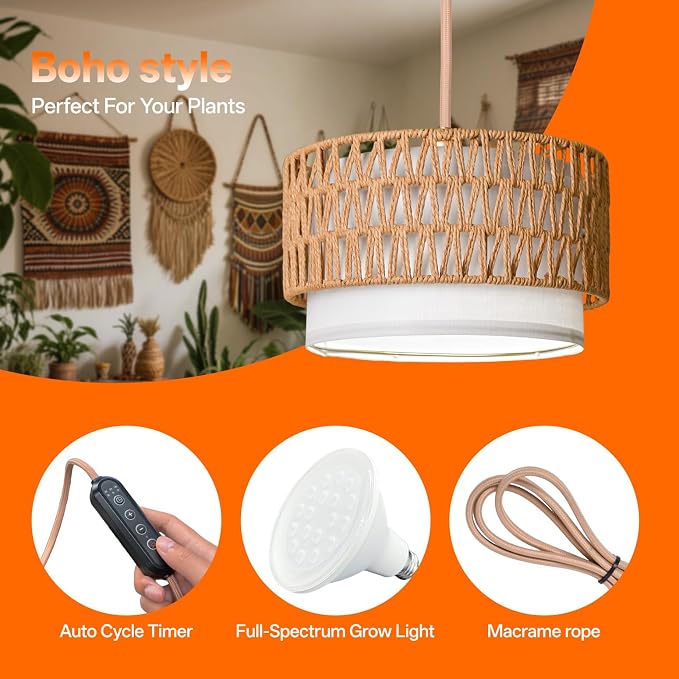 Hanging Grow Light for Indoor Plants, Dimmable Plant Light | 4H/9H/14H Timer,18W Full Spectrum with Boho Linen Shade,5000K, Adjustable Brightness for Indoor Plant,Tall Plant, Flowers