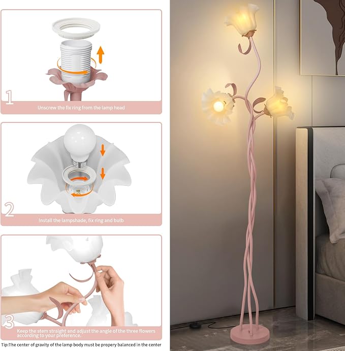 Flower Floor Lamp for Living Room, Tall Standing Reading Lamp with Flexible Neck Shaft for Bedroom Decor, Modern Corner Floor Lamps with 3-Color Temperatures LED Bulb (Pink)