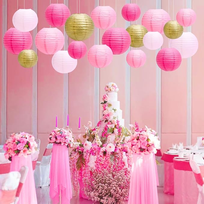 Paper Lanterns Party Decorations, Hanging Round Chinese Lanterns for Graduation Baby Shower Pink Birthday Decorations Pack of 20 Pink Gold