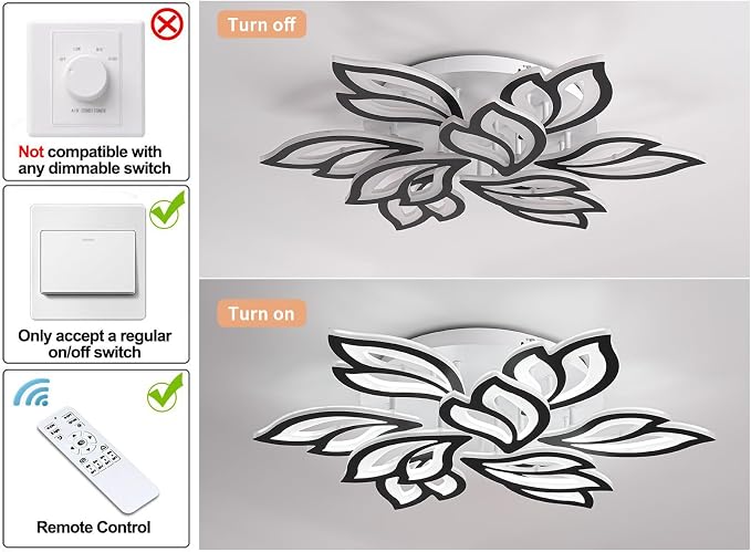 Garwarm 29.9" LED Flush Mount Ceiling Light, Dimmable Modern Flower Fixture | Flower Ceiling Light with Remote, Black,Acrylic, Stepless Color Temperature Change for Bedroom Living Room Kitchen