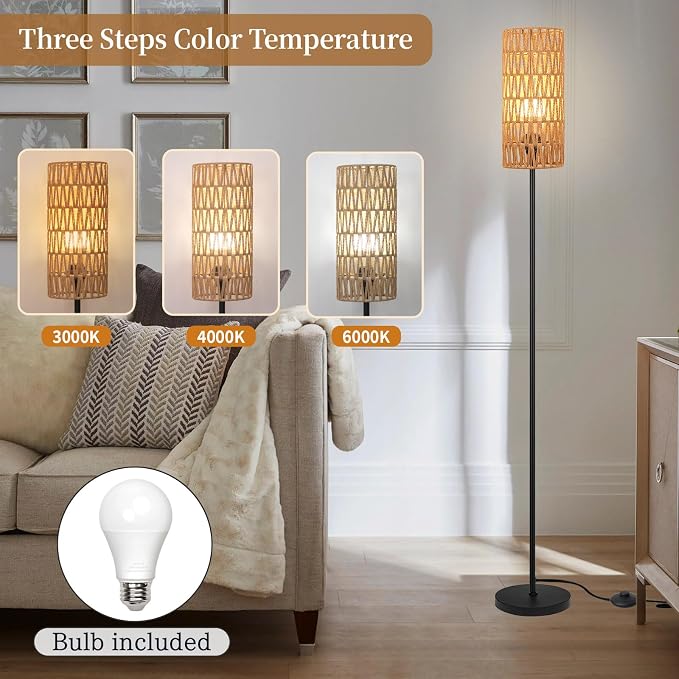 Ruiever Floor Lamp for Living Room,Farmhouse Rattan Floor lamp,Modern Standing lamp with Hand-Worked Rattan Shade,Black Tall Lamp with Foot Switch for Bedroom,Kids Room,Office,LED Bulb is Included.