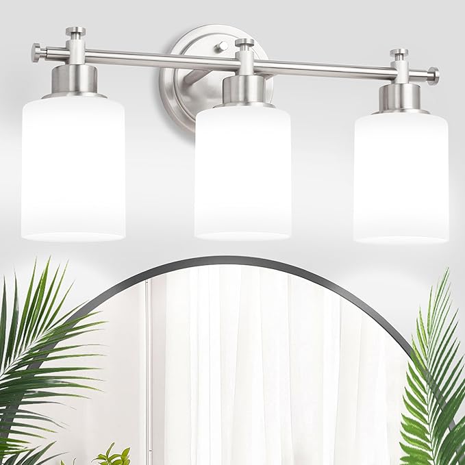 3-Light Bathroom Vanity Light Fixtures, Brushed Nickel Bathroom Wall Sconce, Modern Sliver Vanity Light with Milky White Glass Shade Over Mirror, Bathroom, Bedroom, E26 Base, 17 Inch