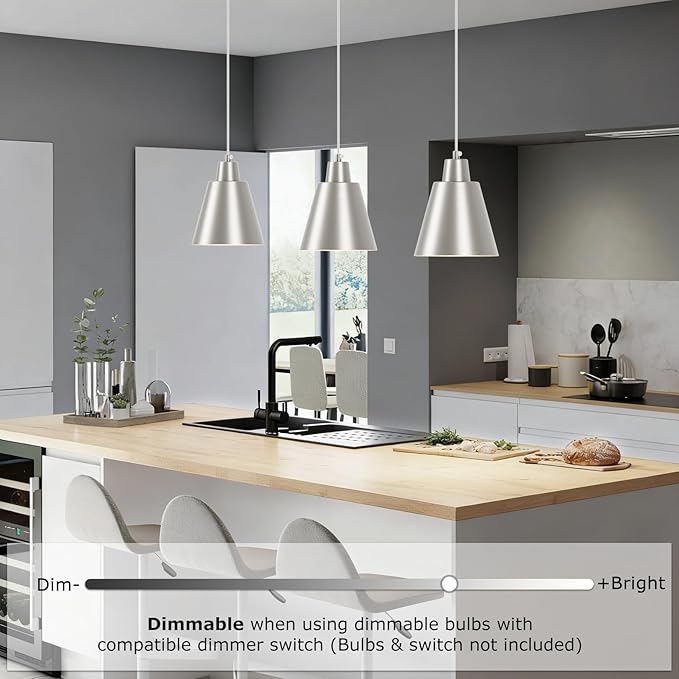 Industrial Pendant Lights, Brushed Nickel Pendant Light Fixtures, Vintage Kitchen Island Lights with Metal Shade, Farmhouse Pendant Lights for Dinning Table Bedroom Bar - Nickel, 3 Packs