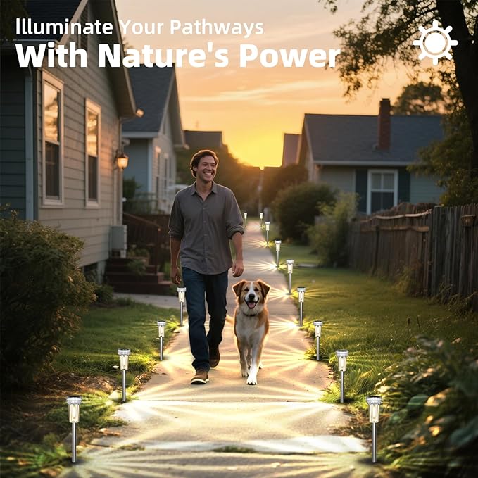 DERAYSION Solar Lights Outdoor, 8 Pack Solar Pathway Lights Dusk-to-Dawn Garden Lighting, Waterproof LED Stainless Steel Pole, Outdoor Solar Lights for Path Walkway Yard Driveway Decor - Warm White