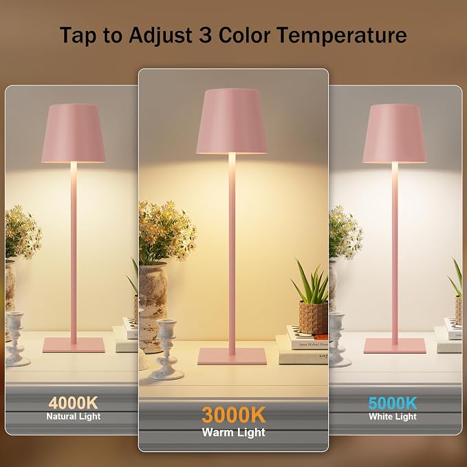 Kakanuo Pink Cordless Rechargeable Table Lamp, 2 Pack Portable Desk Lamp with 5000mAh Battery, Touch Control Stepless Dimming, Wireless Night Light for Dining, Outdoor Camping