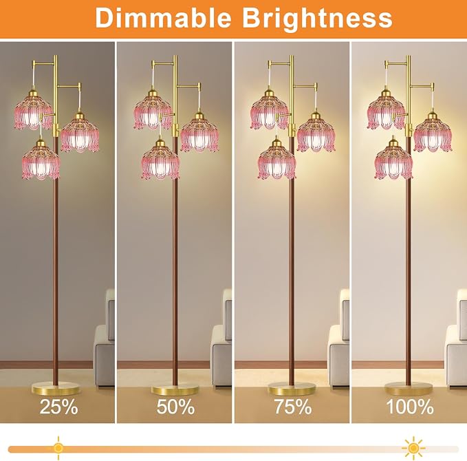 Vintage Floor Lamps for Living Room 3 Light Glass Floor Lamp with 3 Color Temperatures, Dimmable Flower Floor Lamp Gold Mid Century Modern Standing Lamp Tall Tree Wood Floor Lamp for Bedroom Corner