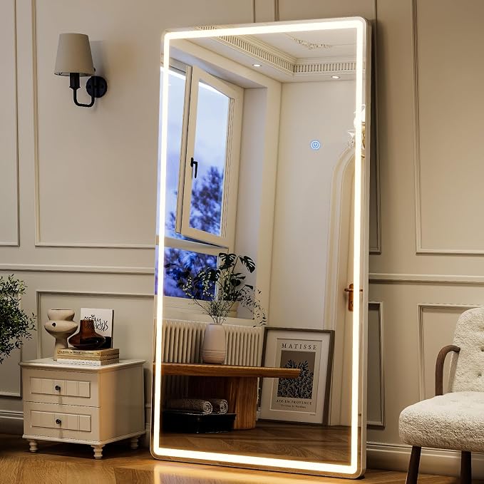 34x76 inch Full Length Mirror with Lights, LED Full Body Mirrors | Stepless Dimmable 3 Color Lighting Floor Standing/Hanging/Leaning/Wall Mounted Vanity Mirror for Bedroom Cloakroom (Rect)