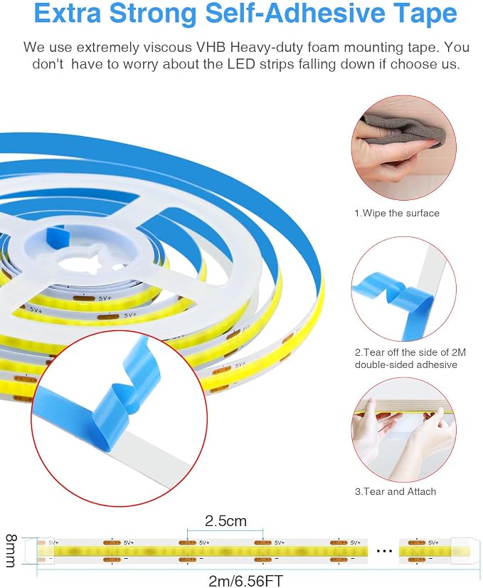 Aclorol 5V COB LED Strip Light 6.56FT 640LEDs Warm White LED TV Backlight with 1M USB Cable Flexible Under Cabinet Tape Light for Living Room Wardrobe Desk area Shelves Mirror Home Decoration (2 PACK)