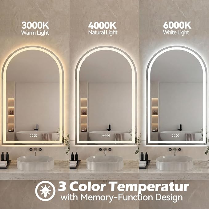 Sweetcrispy Arched LED Bathroom Mirror with Lights, Vanity Mirror, 28"x36" | Anti-Fog, Dimmable, 3-Color Light, Backlit, Memory Function, Tempered Glass