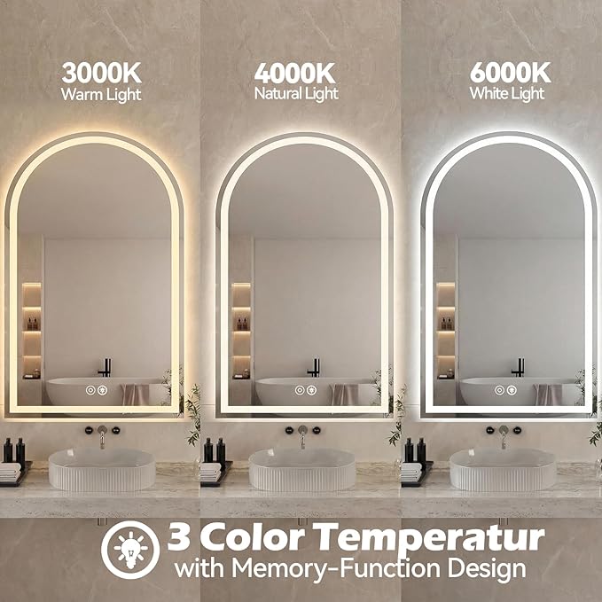 NEWBULIG 28X36 Inch Arched LED Bathroom Wall Mirror with Lights, Light up Vanity Bathroom Mirror for Over Sink, Anti-Fog and Dimmable, Front Light and Backlit, Memory Function, Shatter-Proof, White