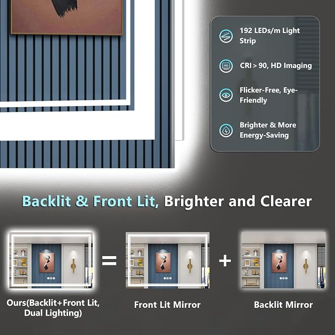 60x40 LED Bathroom Mirror, Backlit & Front Lit Lighted Mirror | Anti-Fog Vanity Mirror with Lights, 3 Color Dimmable, Memory, Shatterproof, Tempered Glass, CRI95, UL Listed, Wall Mounted