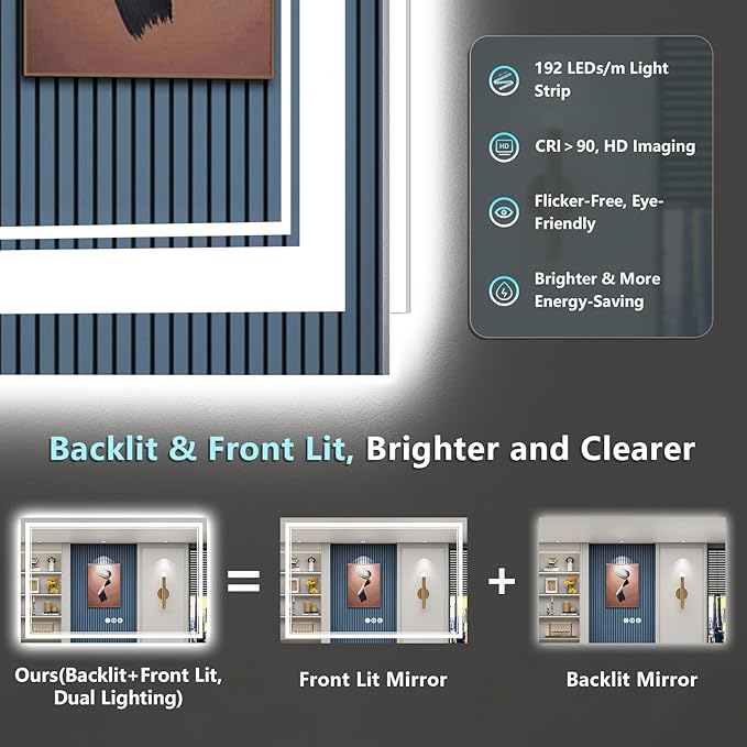 60x28 LED Bathroom Mirror, Backlit & Front Lit Lighted Mirror | Anti-Fog Vanity Mirror with Lights, 3 Color Dimmable, Memory, Shatterproof, Tempered Glass, CRI95, UL Listed, Wall Mounted
