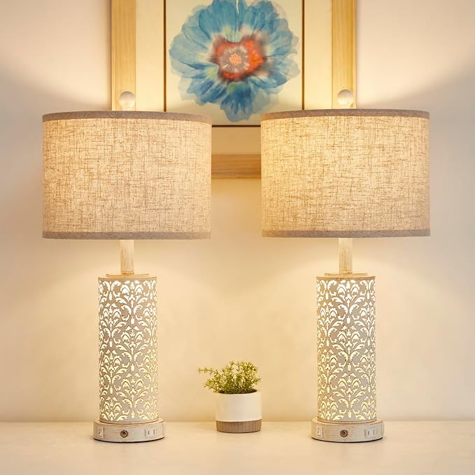 SAIWEYA 26" Farmhouse Table Lamp for Living Room Bedroom, Dimmable Touch | 3 Way Dimmable, 2 USB Ports + AC Outlet Bedside Lamp for Nightstand, LED Bulb Included, Fabric Shade, Flower Metal Body