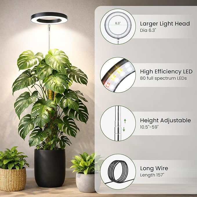 Grow Lights for Indoor Plants, 6.3" Full Spectrum Plant Light with Base | 59" Adjustable Grow Lamp For tall Large Plants, Base/Soil Stake, 6/8/12/16H Auto Timer, 3 Light Color, 5 Brightness, 3 Packs