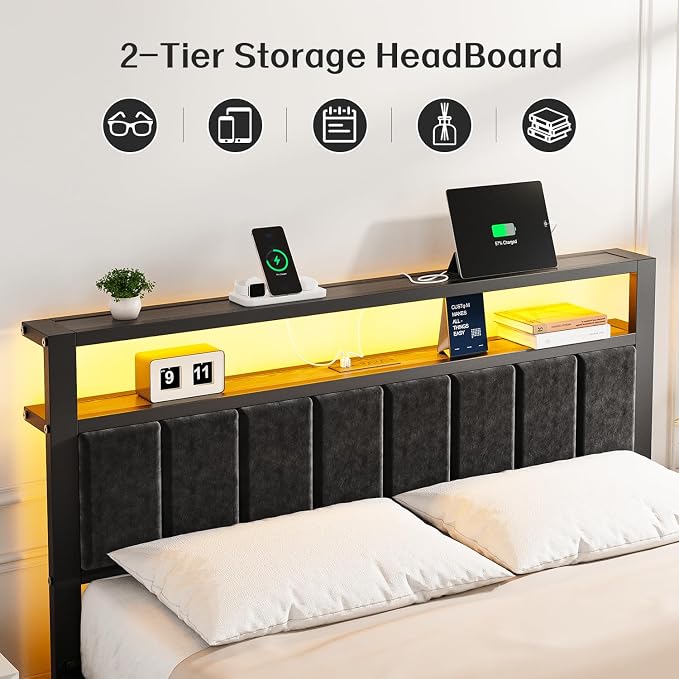 OLEVS Queen Size Bed Frame with LED Lights & Charging Station, Modern Platform Bed with 2-Tier Storage Headboard, No Box Spring Needed, Noise Free