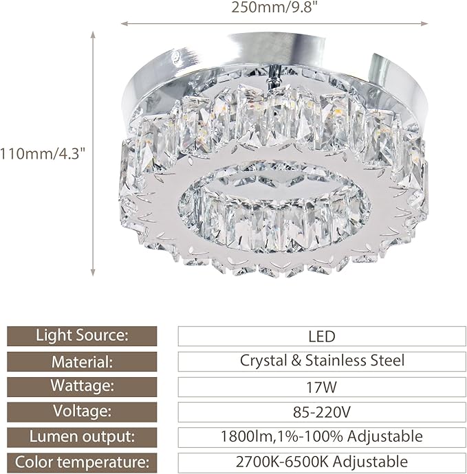 Dimmable LED Ceiling Light with Remote Flush Mount Mini Round LED Crystal Chandeliers Modern Flush Mount Ceiling Light Fixture Hallway Light Bedroom Bathroom Kitchen Office