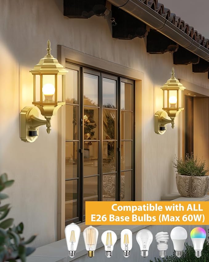 Redluck Motion Sensor Outdoor Lights, 2 Pack 16 inch Dusk to Dawn Outside Porch Lights, Waterproof Anti-Rust Aluminum Outdoor Wall Lights Exterior Lighting Fixtures for House, Garage, Front Door, Gold
