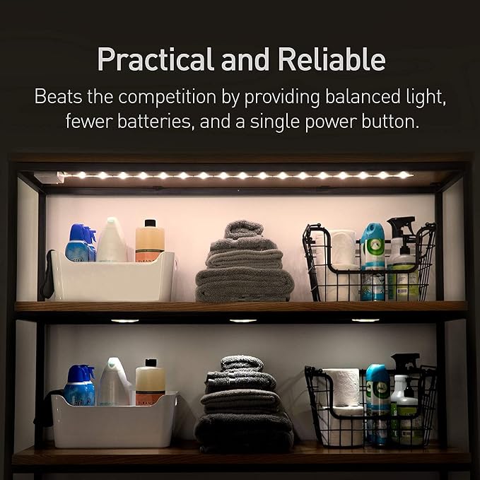 Luminoodle Under Cabinet Lighting - Click LED Light Strip for Shelves, Kitchen Cabinets, & Furniture, 1-Pack Includes Power Button & Tape Adhesive - Warm White (2700K)