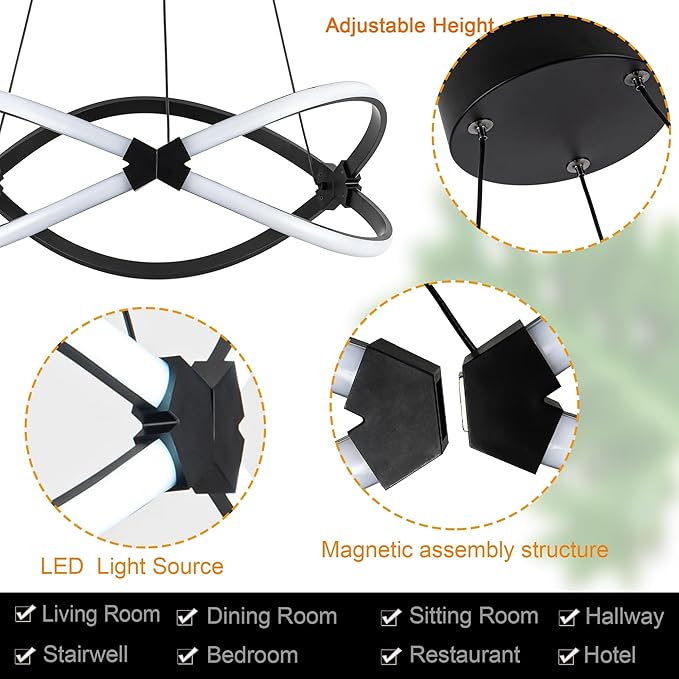 Mayful Modern LED Chandelier,3-Color Dimmable with Remote Control,Black Adjustable Height Pendant Light Fixtures with Circular Ring Shape,Modern Chandeliers for Dining Room Kitchen Island Living Room