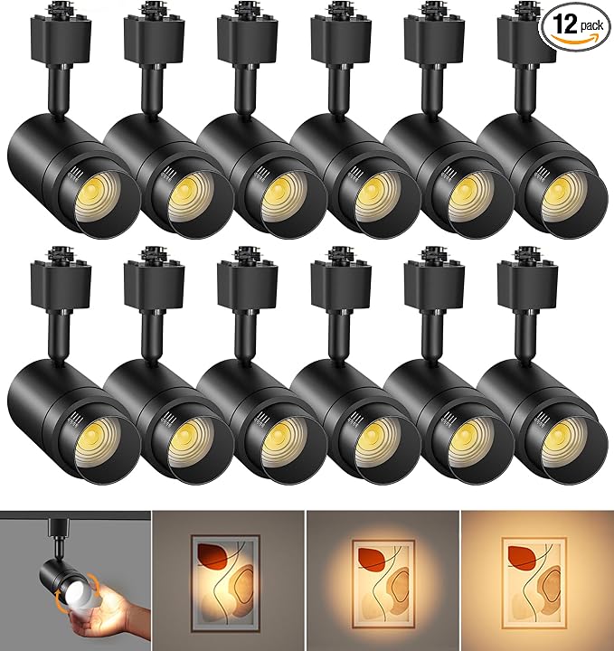 Zoomable H Track Lighting Heads H Type Track Light Heads Dimmable LED Track Lighting Fixtures Ceiling Spot Light, H Style Track Heads for H Track Lighting Rails - Black CRI90 12W 12 Pack 3000K