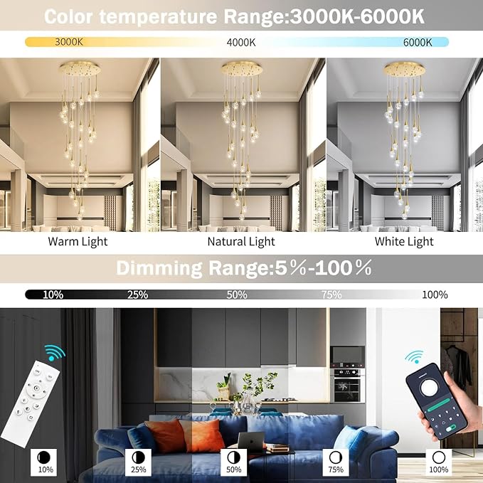 24 Light Modern Glam Crystal Chandelier for High Ceiling LED Dimmable Ceiling Pendant Light Staircase Foyer Enterway Living Room Chandelier Lighting Antique Gold