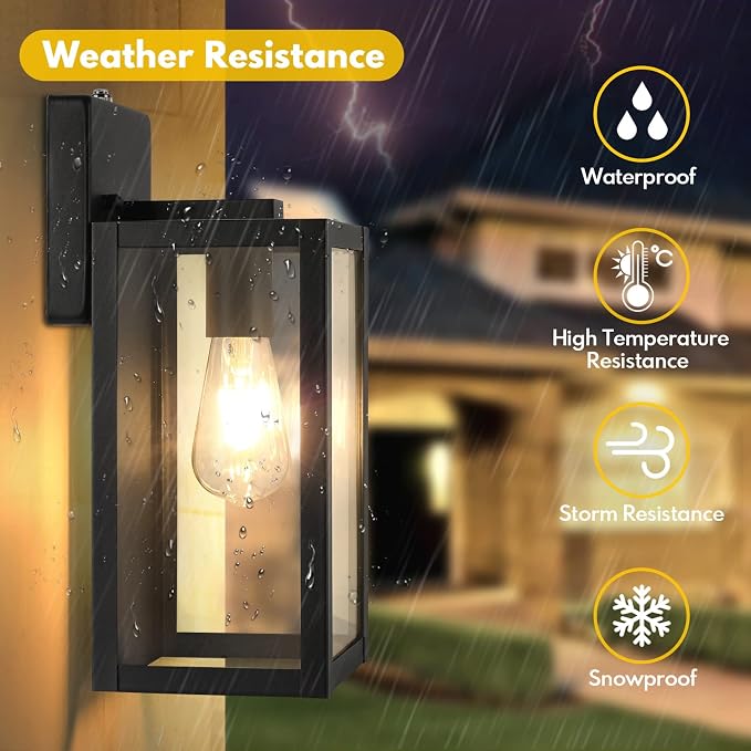 2-Pack Dusk to Dawn Outdoor Wall Lights, Black Exterior Sconces | Auto ON/OFF, Waterproof, Rust-Resistant, Durable Metal with Clear Glass, Standard E26 Socket, Easy to Install