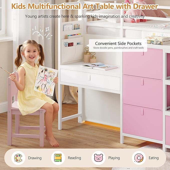 DICTAC Low Loft Bed with Desk and 6 Storage Drawers Twin Loft Bed with Bookshelf,LED Lights & Under-Bed Play Space,Kids Twin Beds with 13.8''H Safety Guardrail,Inclined Ladder&Play Curtain,Pink+White