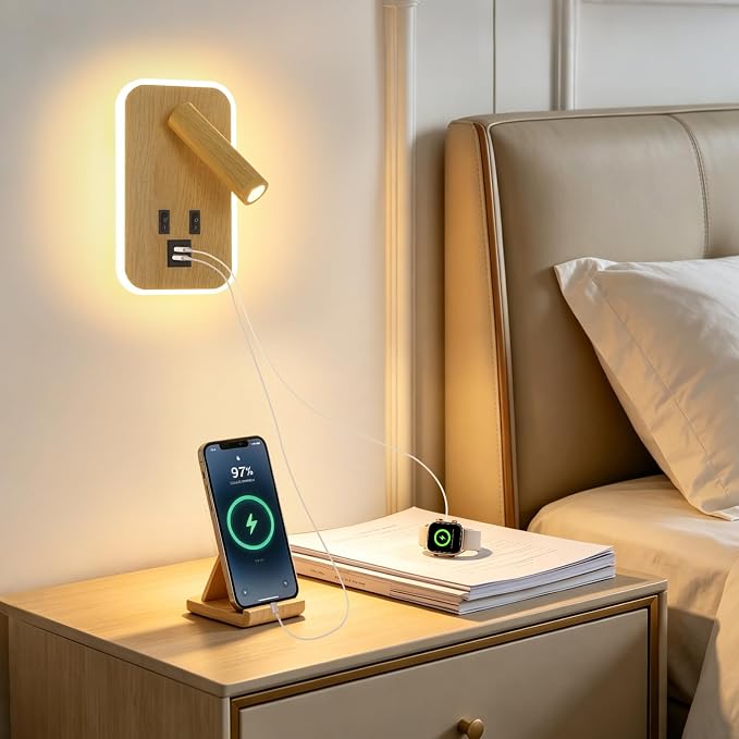 Wall Mounted Reading Lights with Wall Sconce Plug in&Hardwired | Wall Lights for Bedroom with USB C+A Ports, Bedside Lamp with 9W Night Light, Wood Color Reading Light Adjustable 350°Angle